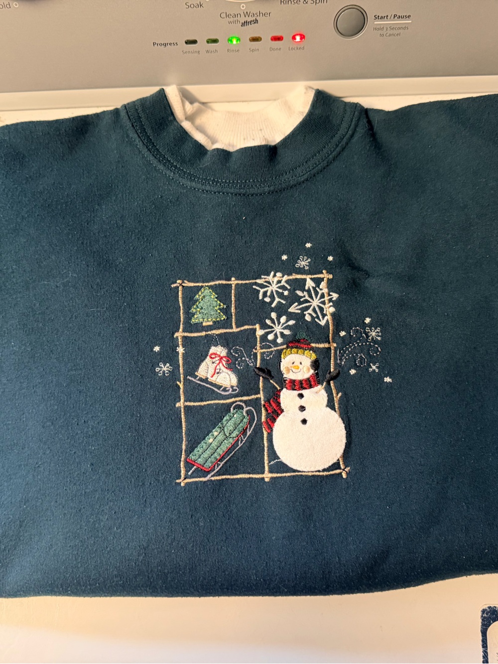 Festive Teal Crewneck Sweater with Snowman Embroidery